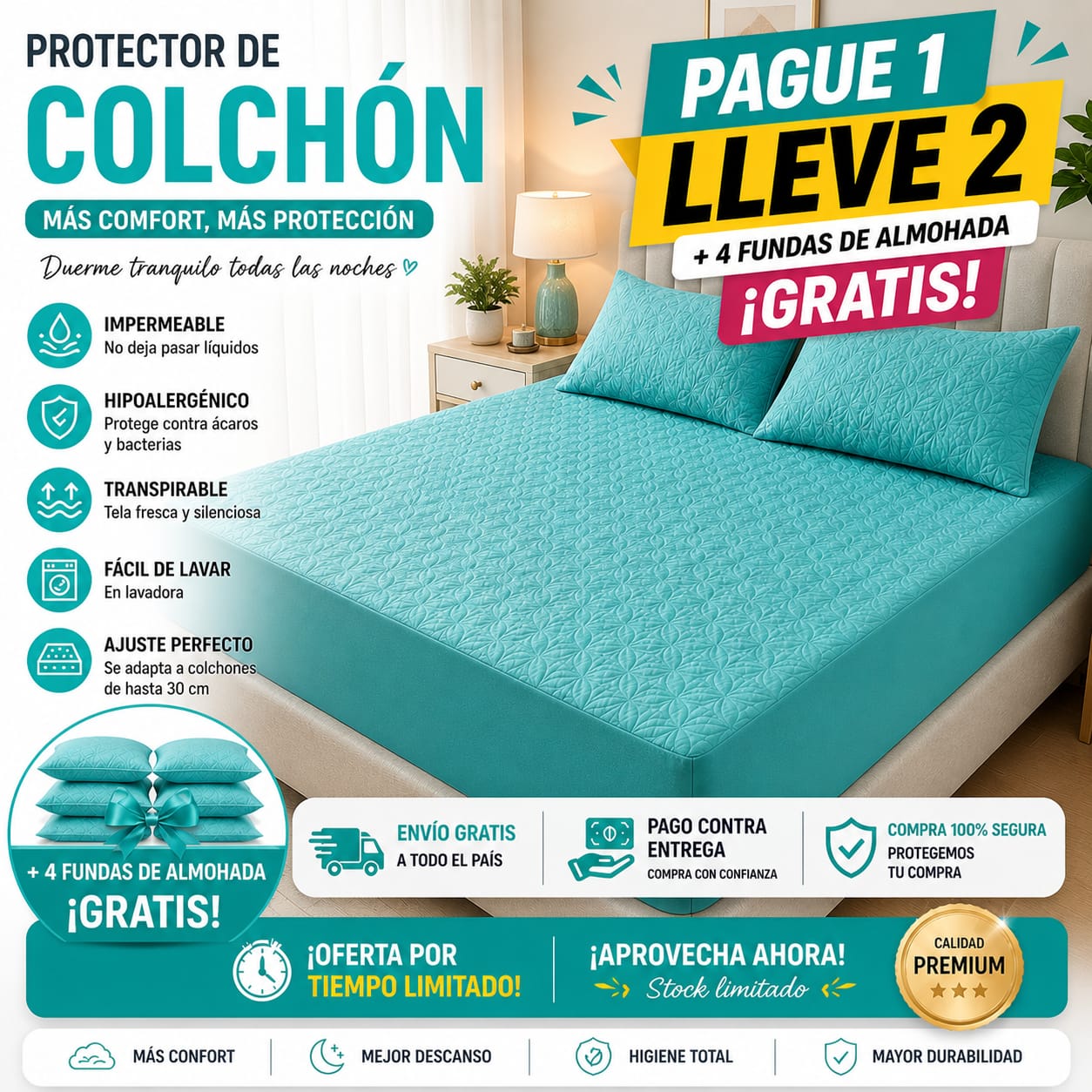 OFERTA EN CUBRE COLCHON PAGUE 1 LLEVE 2 + 4 FUNDAS DE ALMOHADA GRATIS ⭐⭐⭐⭐⭐5/5