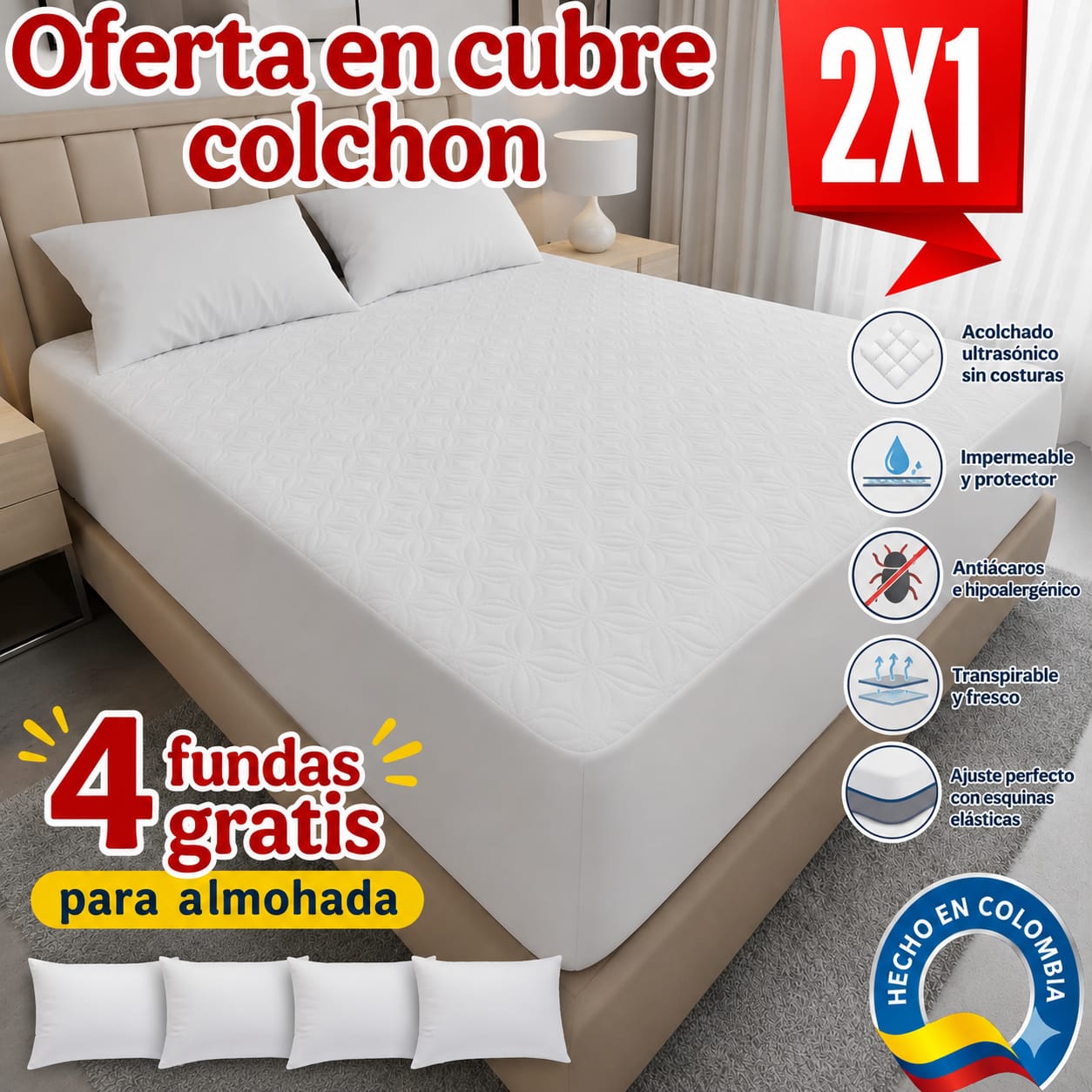 OFERTA EN CUBRE COLCHON PAGUE 1 LLEVE 2 + 4 FUNDAS DE ALMOHADA GRATIS ⭐⭐⭐⭐⭐5/5